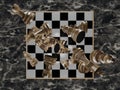 zenithal view of a chessboard with the pieces falling on it