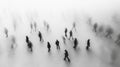 zenithal view of people walking in black and white with fog. People walking with shaky camera effect