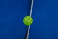 zenithal view of a pickleball ball on the net of a pickleball court, racket sports concept