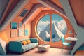 Zenithal view of room, cute, anime-style, retro, therapy room with mountain theme with nostalgic feel, cozy comfy minimal, mountai