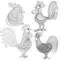 Zentangle Cartoon rooster, set. Hand drawn sketch for adult