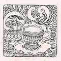 Zentangle with cup of tea and sweets Royalty Free Stock Photo