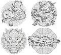 Zentangle dragons on mandalas. Hand drawn decorative vector illustration for coloring