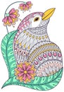 Zentangle exotic bird in colorful flowers. Royalty Free Stock Photo