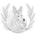 Zentangle Fox with glass of wine in monochrome doodle style. Han Royalty Free Stock Photo