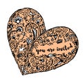 Zentangle hand drawn heart, text You Are Invited. Royalty Free Stock Photo