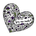 Zentangle hand drawn heart, text You Are Invited. Royalty Free Stock Photo