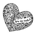 Zentangle hand drawn heart, text You Are Invited. Royalty Free Stock Photo