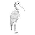 Zentangle Hand drawn Stork for adult antistress coloring pages,