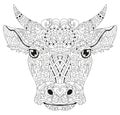 Patterned head of the bull, vector illustration in zentangle style