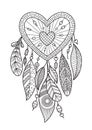 Zentangle heart dream catcher with feathers. Doodle antistress coloring book page for adult. Valentine day illustration isolated