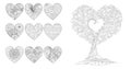 Zentangle hearts and tree for Valentines card or weddin invitations and coloring page for anti stress.Vector illustration