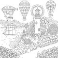 Zentangle lighthouse and hot air balloons