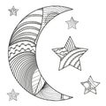 Zentangle moon and star with abstract patterns