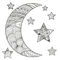 Zentangle moon and star with abstract patterns