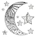 Zentangle moon and star with abstract patterns
