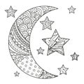 Zentangle moon and star with abstract patterns