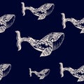 Zentangle Pattern whale silhouette on a blue background. Royalty Free Stock Photo