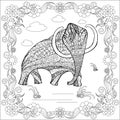 Zentangle style monochrome sketch mammoth in floral frame, coloring page antistress Royalty Free Stock Photo