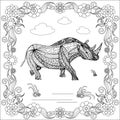 Zentangle style monochrome sketch rhinoceros in floral frame, coloring page antistress stock vector illustration for print, for co