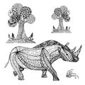 Zentangle style monochrome sketch rhinoceros, trees, coloring page antistress