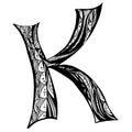 Zentangle stylized alphabet. Letter K in doodle style. Hand drawn sketch font, vector illustration Royalty Free Stock Photo