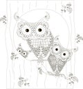 Zentangle, stylized black and white owls family sitting in the hollow and on branches of tree trunk, hand drawn, vector