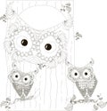 Zentangle, stylized black and white owls family sitting in the hollow and on branches of tree trunk, hand drawn, vector