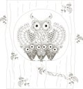 Zentangle, stylized black and white owls family sitting in the hollow of tree trunk, hand drawn, vector
