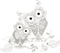 Zentangle stylized black and white two owls sitting on the tree branches, hand drawn, vector