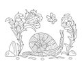 Zentangle stylized cartoon snail crawling among flowers. Sketch for adult antistress coloring page. Hand drawn doodle Royalty Free Stock Photo