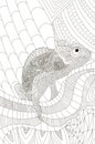 Zentangle stylized chameleon lizard antistress coloring page for adults in black and white style for print