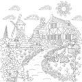 Zentangle stylized countryside scene Royalty Free Stock Photo