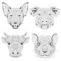 Zentangle stylized heads dog, pig, bull and rat. Hand drawn decorative vector illustration for coloring Royalty Free Stock Photo