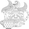 Zentangle stylized ornamental teapot with steam and cup of tea Royalty Free Stock Photo