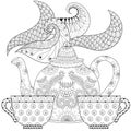 Zentangle stylized ornamental teapot with steam and cups of tea Royalty Free Stock Photo
