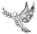 Zentangle stylized peace dove with olive branch for International Peace Day. Ornate vector illustration. Royalty Free Stock Photo