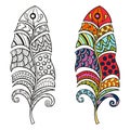 Zentangle stylized tribal color and monochrome feathers for colo Royalty Free Stock Photo
