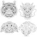 Zentangle tiger, dragon, rabbit and snake heads. Hand drawn decorative vector illustration for coloring