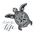 Zentangle turtle with calligraphic quote - Long life. Vector for tattoo, emblem, logo Royalty Free Stock Photo