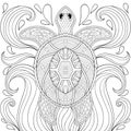 Zentangle Turtle in waves. Freehand sketch for adult antistress Royalty Free Stock Photo