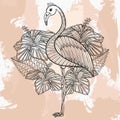 Zentangle vector Flamingo in hibiskus, tattoo design in doodle