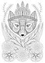 Zentangle wild fox with indian war bonnet in grass and flowers.