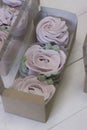 Zephyr flowers. Homemade marshmallows in a paper gift box. The box is open. Close-up Royalty Free Stock Photo