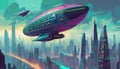 Zeppelin fly over big city with skyscrapers, synthwave style