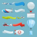 Zeppelins and airplanes with empty banners for advertising messages. Vector illustrations with place for your text Royalty Free Stock Photo