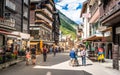 Zermatt Bahnhofstrasse Main shopping street full of people with old Swiss wooden houses and dramatic light during summer 2020 in