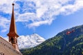 Zermatt, Switzerland church and red helicopter