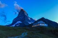 The Matterhorn with the Schwarzsee Hotel at the sunset time.