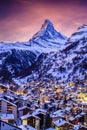 Zermatt town with Matterhorn with Christmas illumination during twlight Royalty Free Stock Photo